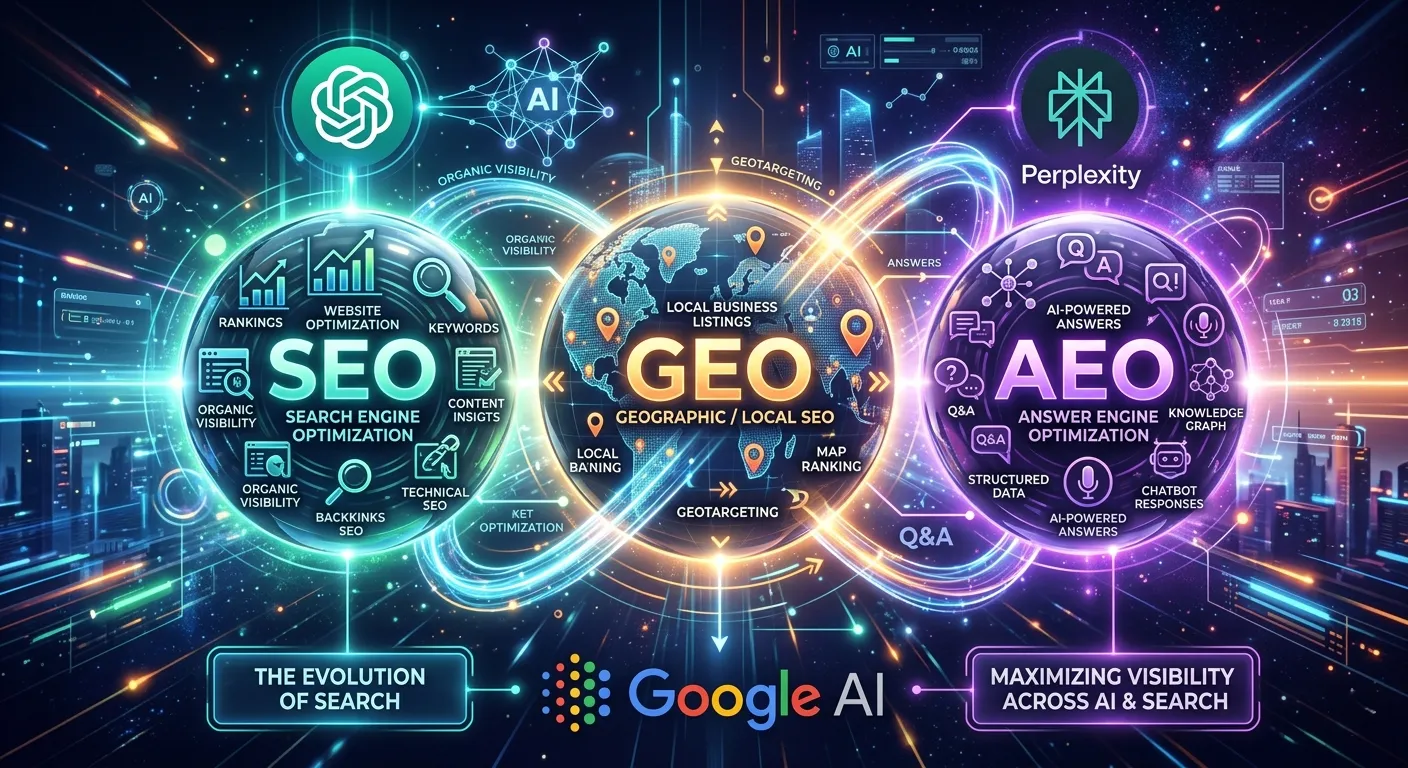 SEO GEO AEO three optimization strategies visualized as an AI search digital marketing infographic for 2026 — ChatGPT Perplexity Google AI Overviews