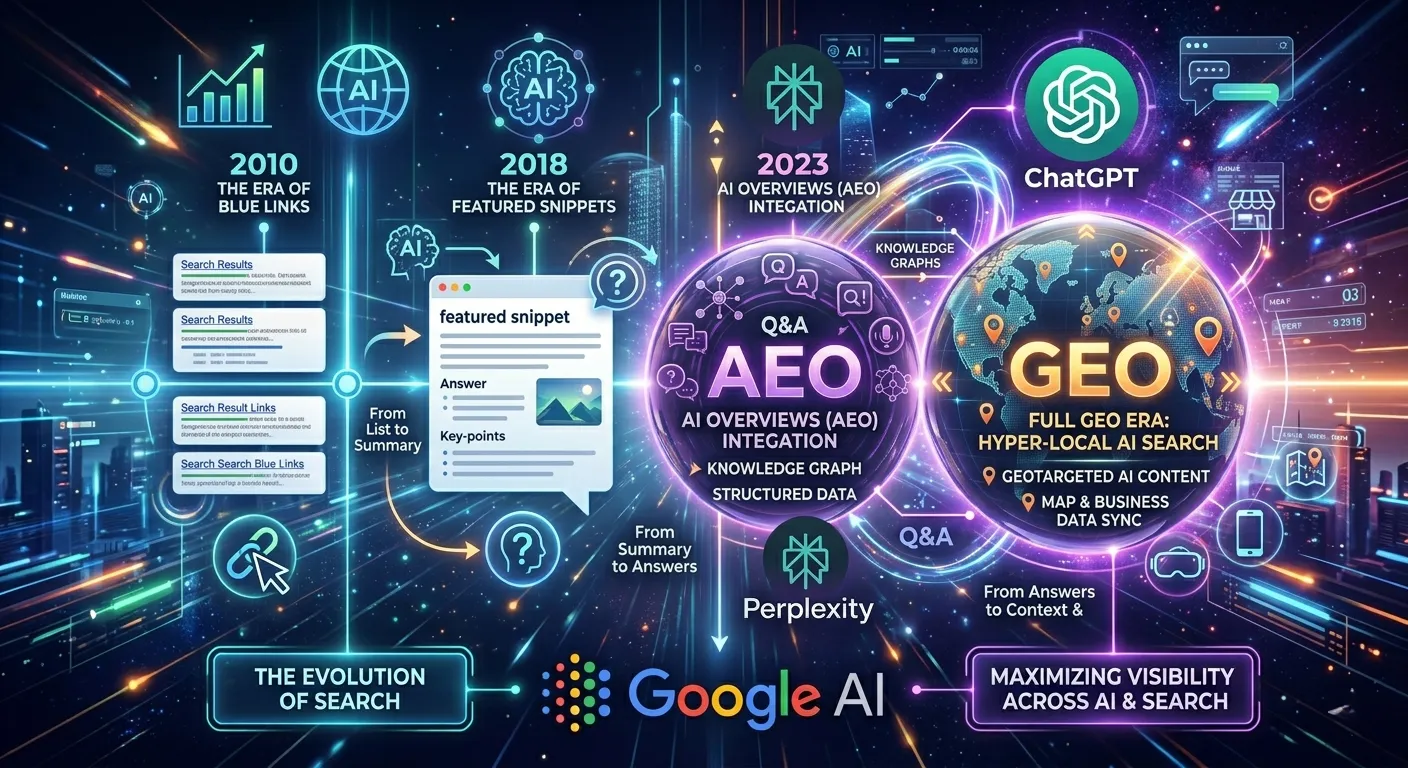 Search paradigm shift timeline infographic — from blue link era to AI Overview and ChatGPT search era, 2010 to 2026