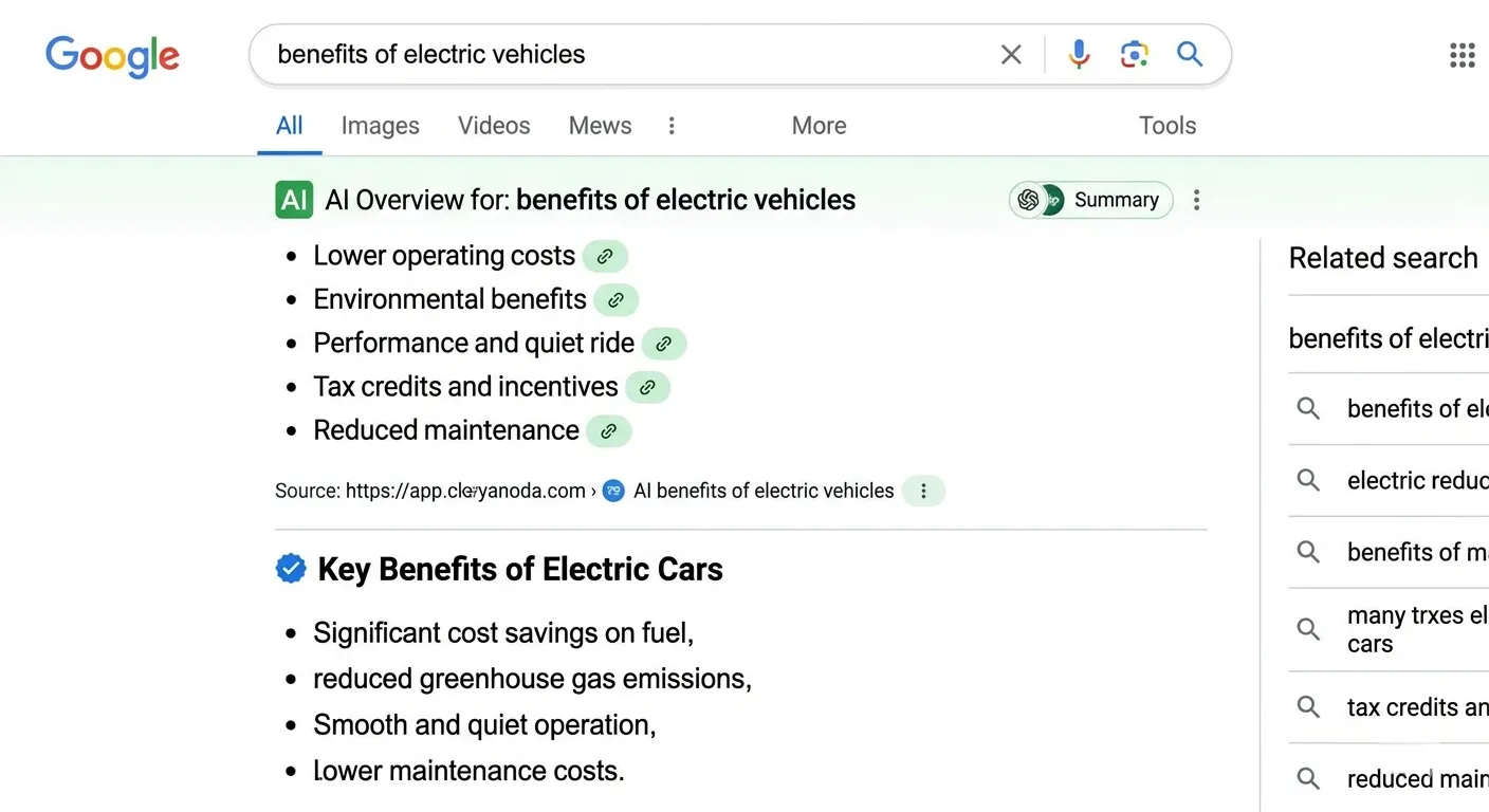 Google search results page showing AI Overview and Featured Snippet dominating the top positions — AEO Position Zero competition in 2026