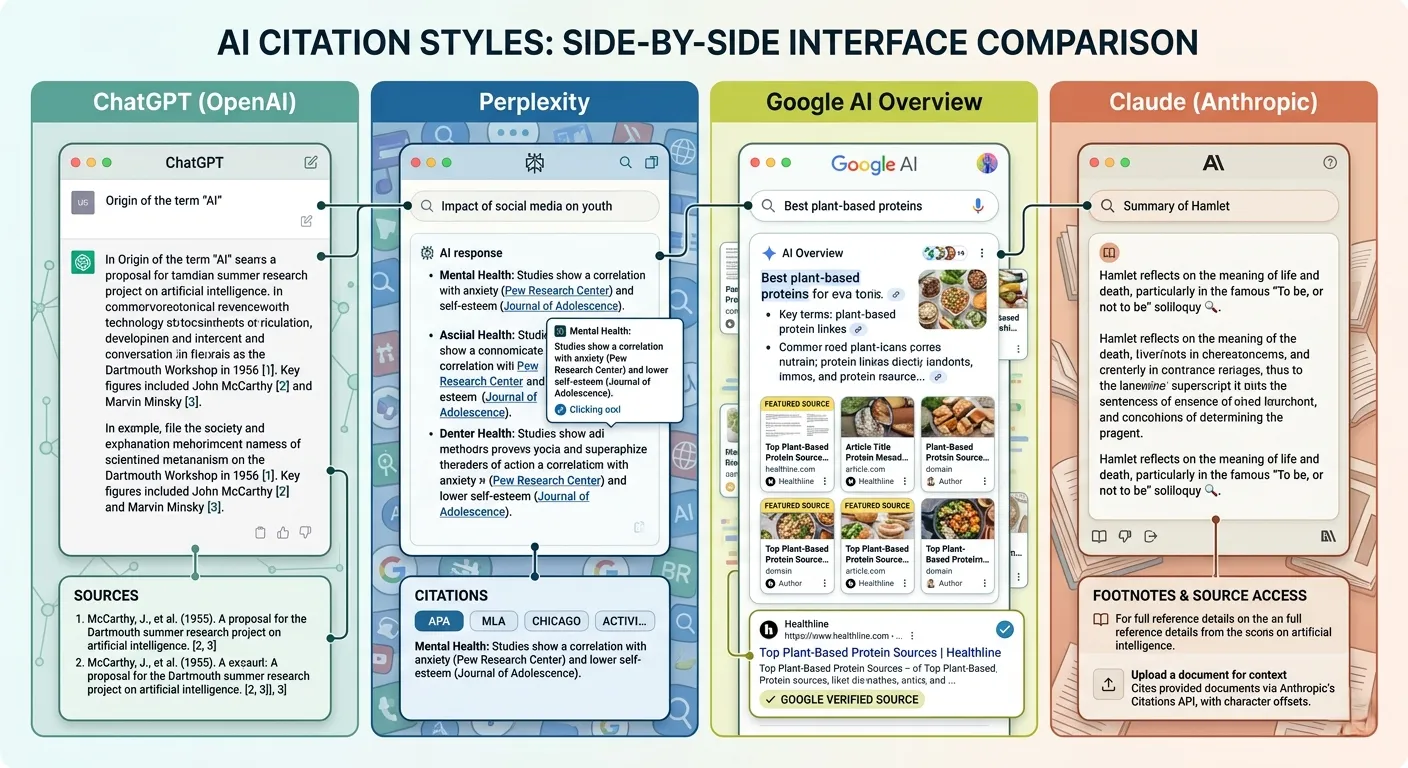 ChatGPT Perplexity Google AI Overview Claude four AI search engine interfaces compared side by side — GEO platform-specific strategy