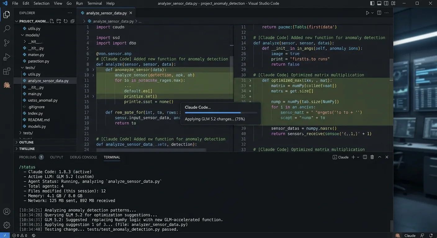Claude Code development environment with GLM 5.2 connected via Anthropic-compatible API — the /status command confirms the model switch