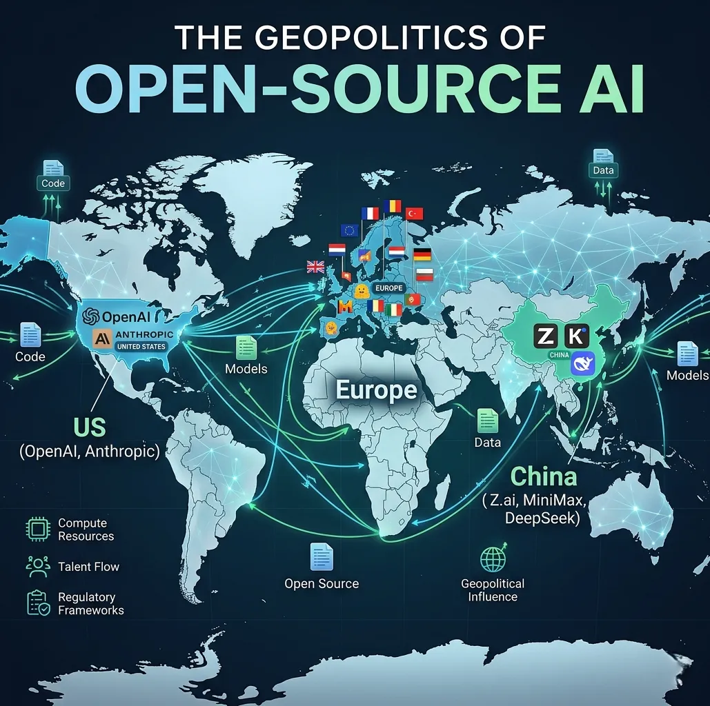 Global AI open-source competition map — US and Chinese AI companies in a context window and coding performance race that has become geopolitically significant