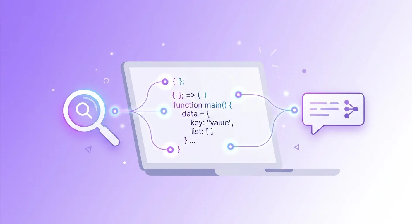 Minimalist illustration of JSON-LD code connected to a search engine and an AI assistant through glowing data nodes