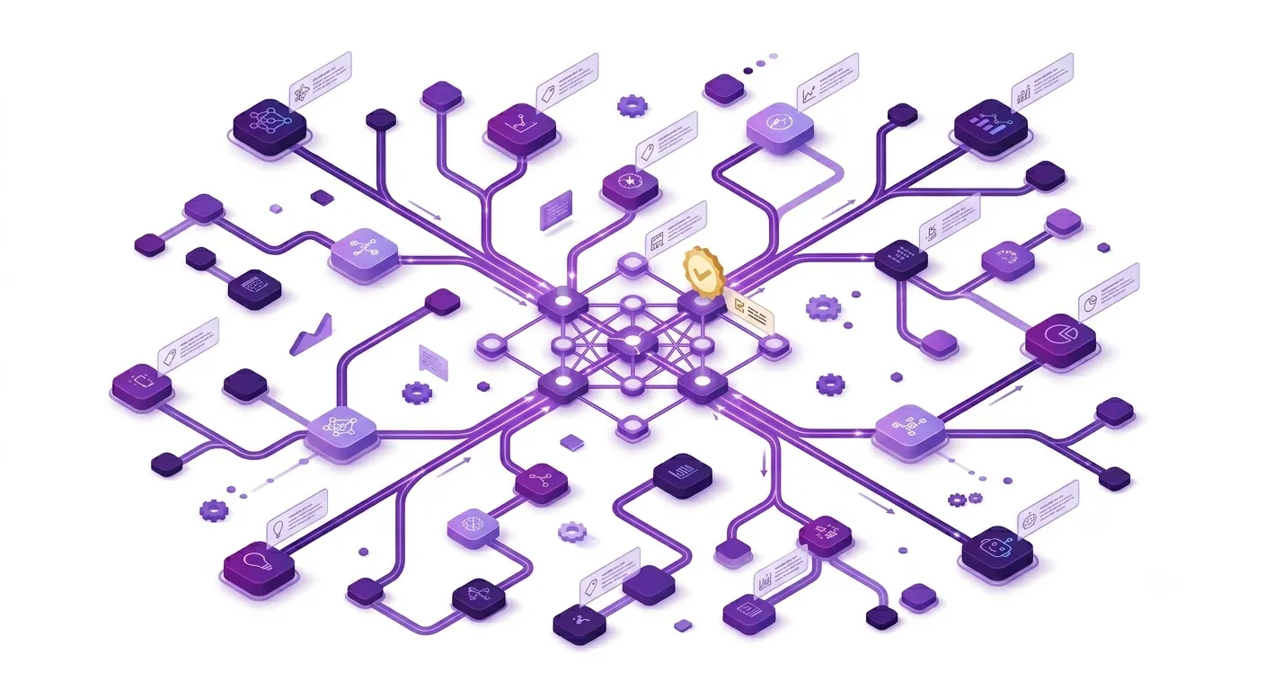 Illustration of multiple schema entities linked through @graph and @id forming a small knowledge graph