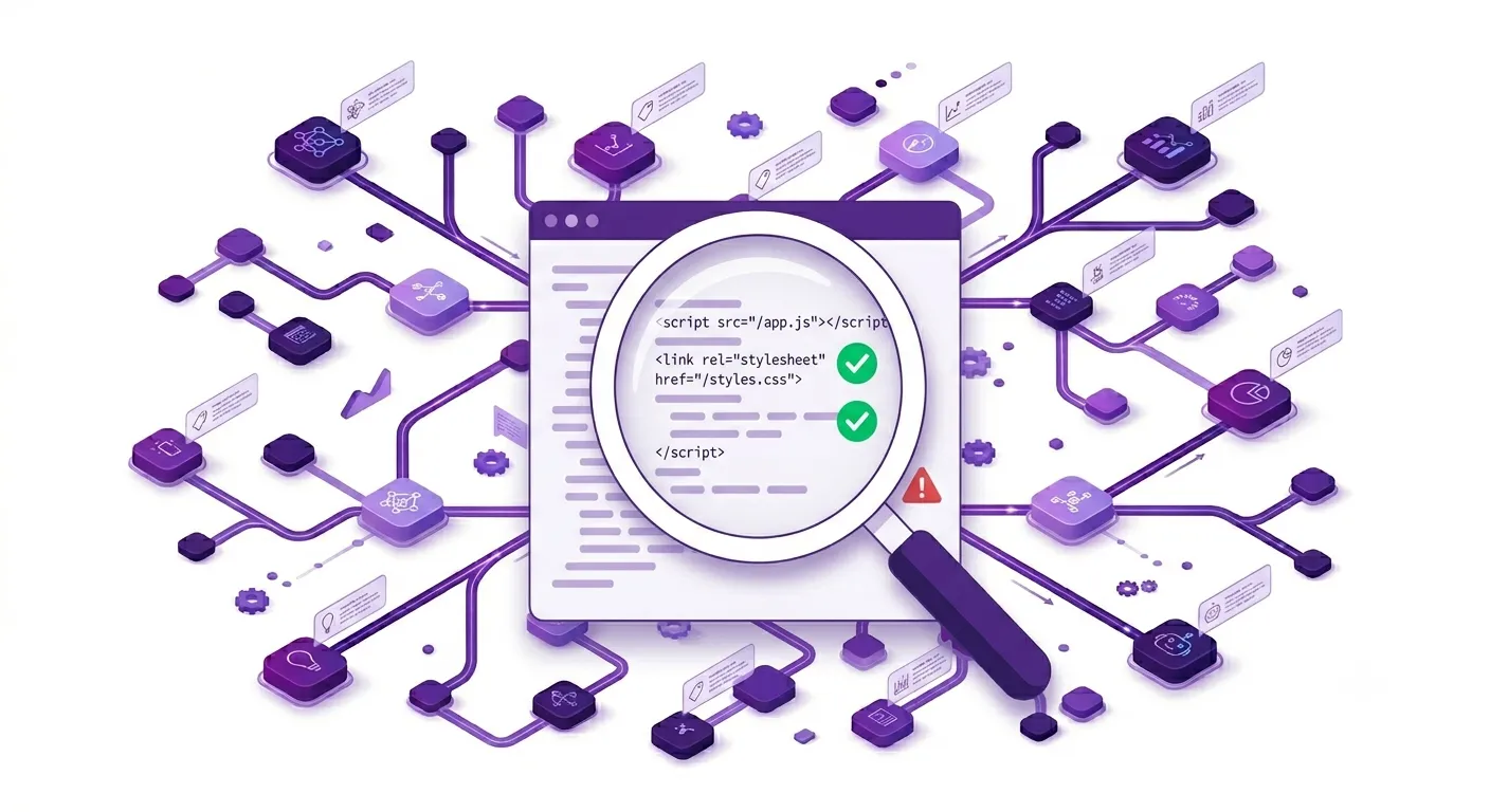 Illustration of a magnifying glass inspecting code with a checklist of validation items