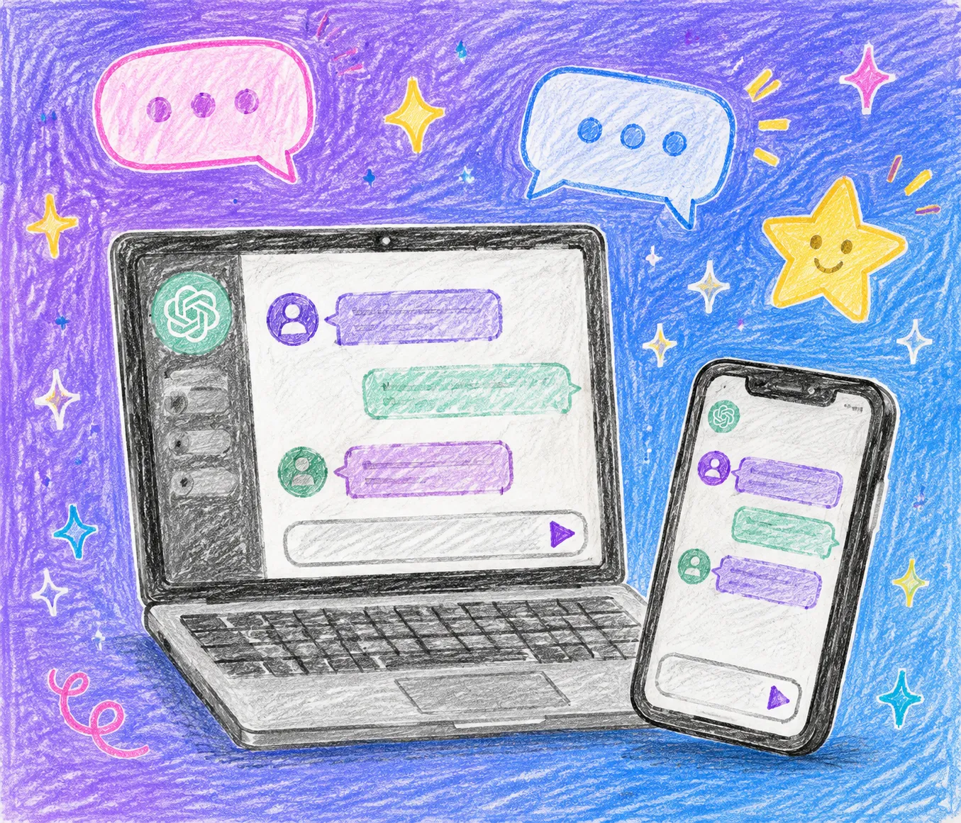 Futuristic illustration of a phone showing a ChatGPT chat window with speech-bubble icons floating over a purple-to-blue gradient background