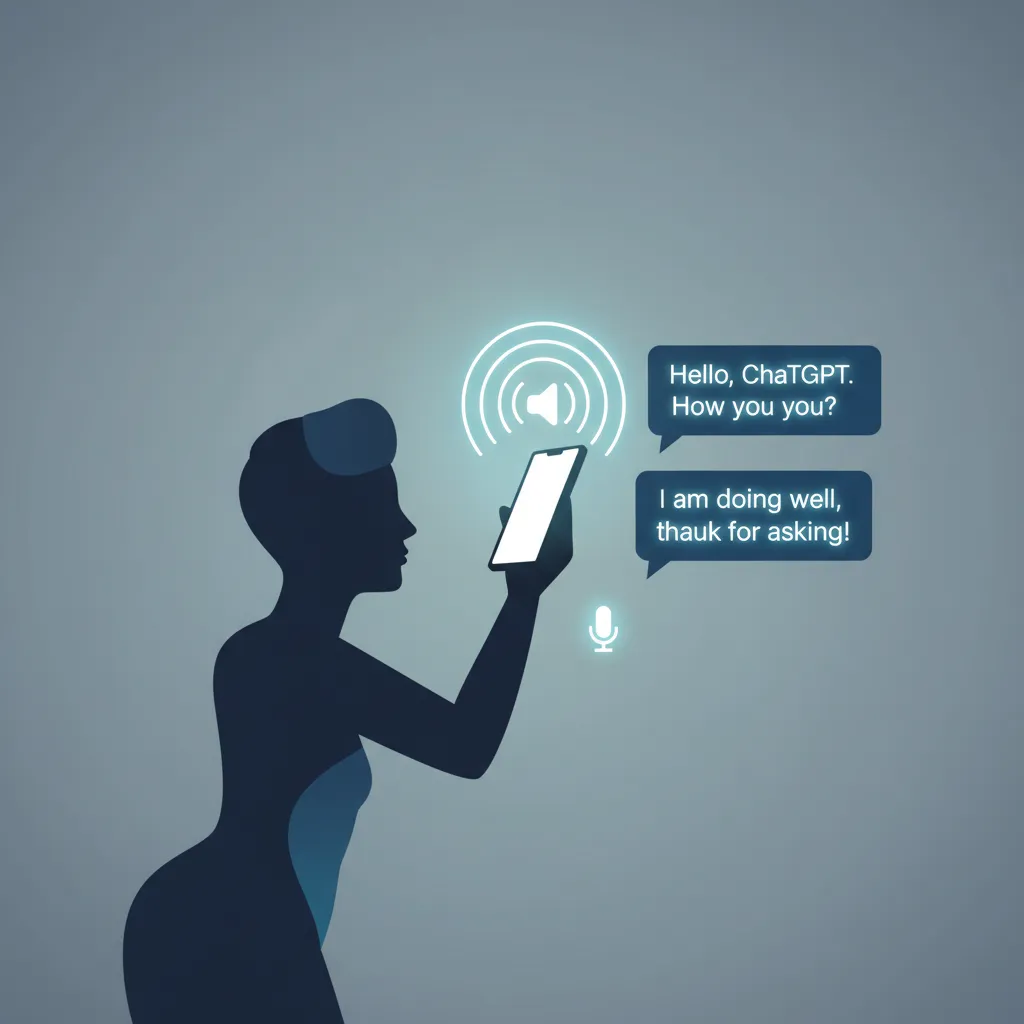 Illustration of a person having a voice conversation with ChatGPT on a phone, with sound-wave visualization icons