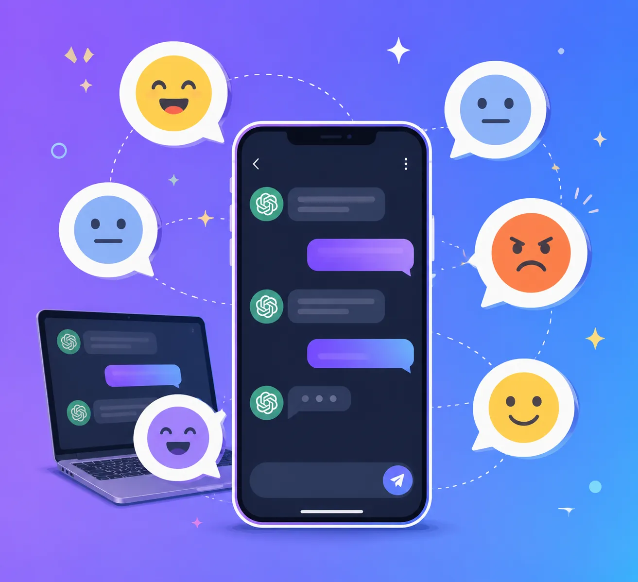 Flat illustration of various emoji-style speech bubbles floating around a smartphone screen, representing mixed user reactions