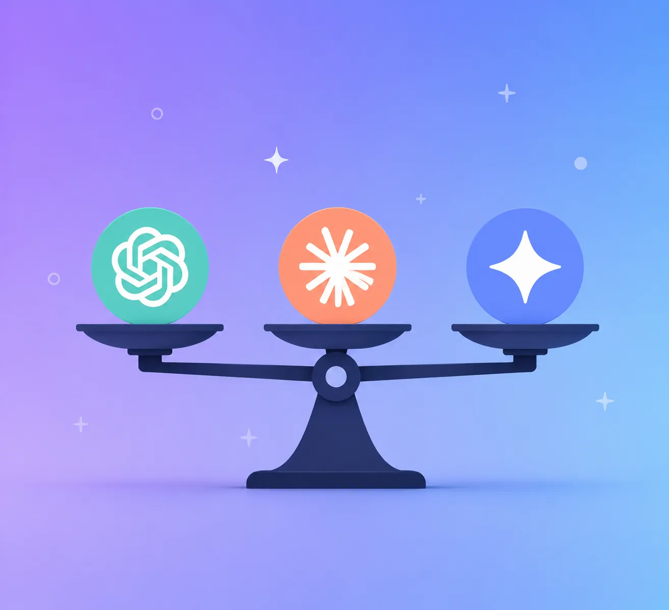 Minimal illustration of three differently colored circular icons balanced on a scale, symbolizing an AI chatbot comparison