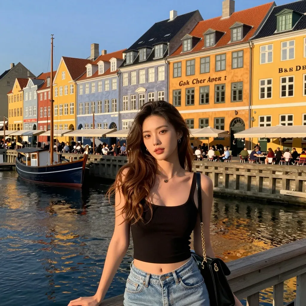 코펜하겐 뉘하운 운하의 황금시간대 풍경 - 알록달록한 17세기 건물과 정박한 배들이 운하에 반사되는 북유럽의 아름다운 항구 도시 전경