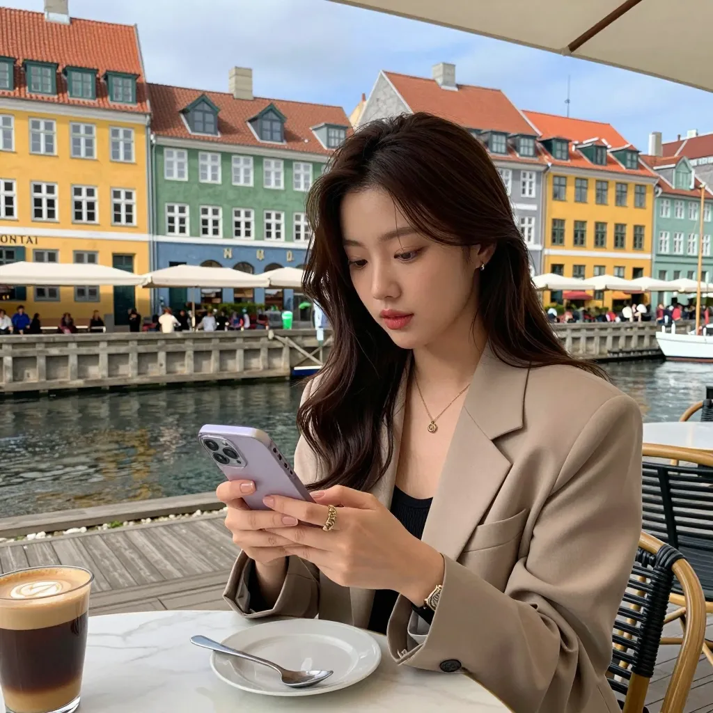 코펜하겐의 카페에서 MobilePay로 결제하는 젊은 덴마크 여성. 스마트폰 화면에 결제 완료 화면이 떠 있고 배경에는 뉘하운의 컬러풀한 건물들이 보임. 덴마크 스칸디나비아 미니멀 스타일의 밝은 인테리어.