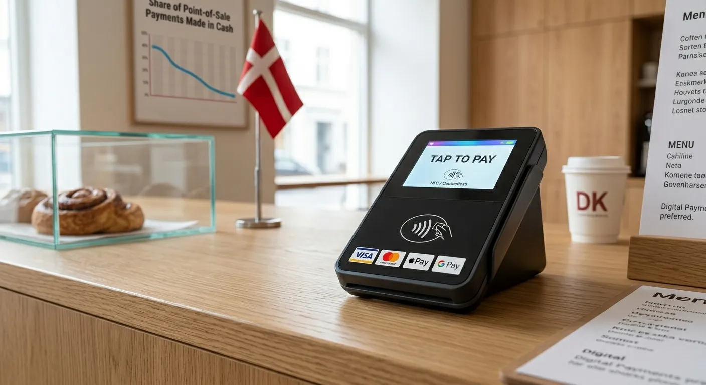 덴마크 코펜하겐 카페 카운터에 놓인 현대적인 카드 결제 단말기. Visa, Mastercard, Apple Pay, Google Pay 로고 스티커가 붙어 있으며 비접촉 결제 심볼도 보임. 스칸디나비아 미니멀 인테리어 배경.