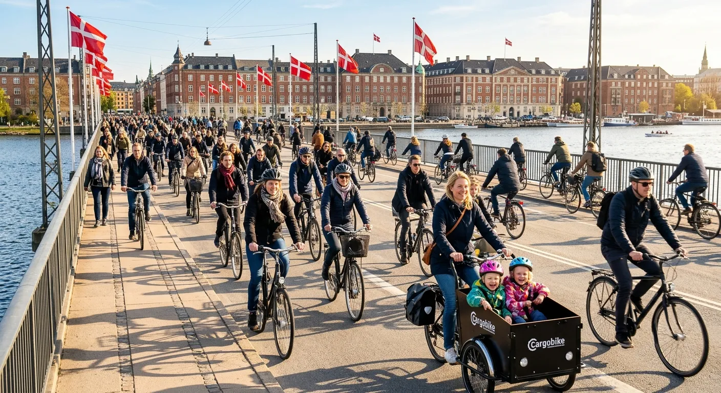 Dronning Louises Bro (Queen Louise's Bridge) in Copenhagen packed with cyclists during morning rush hour. Parents with cargo bikes carrying children, business commuters, and elderly riders crossing the most heavily trafficked cycling stretch in Denmark, bathed in golden morning light.