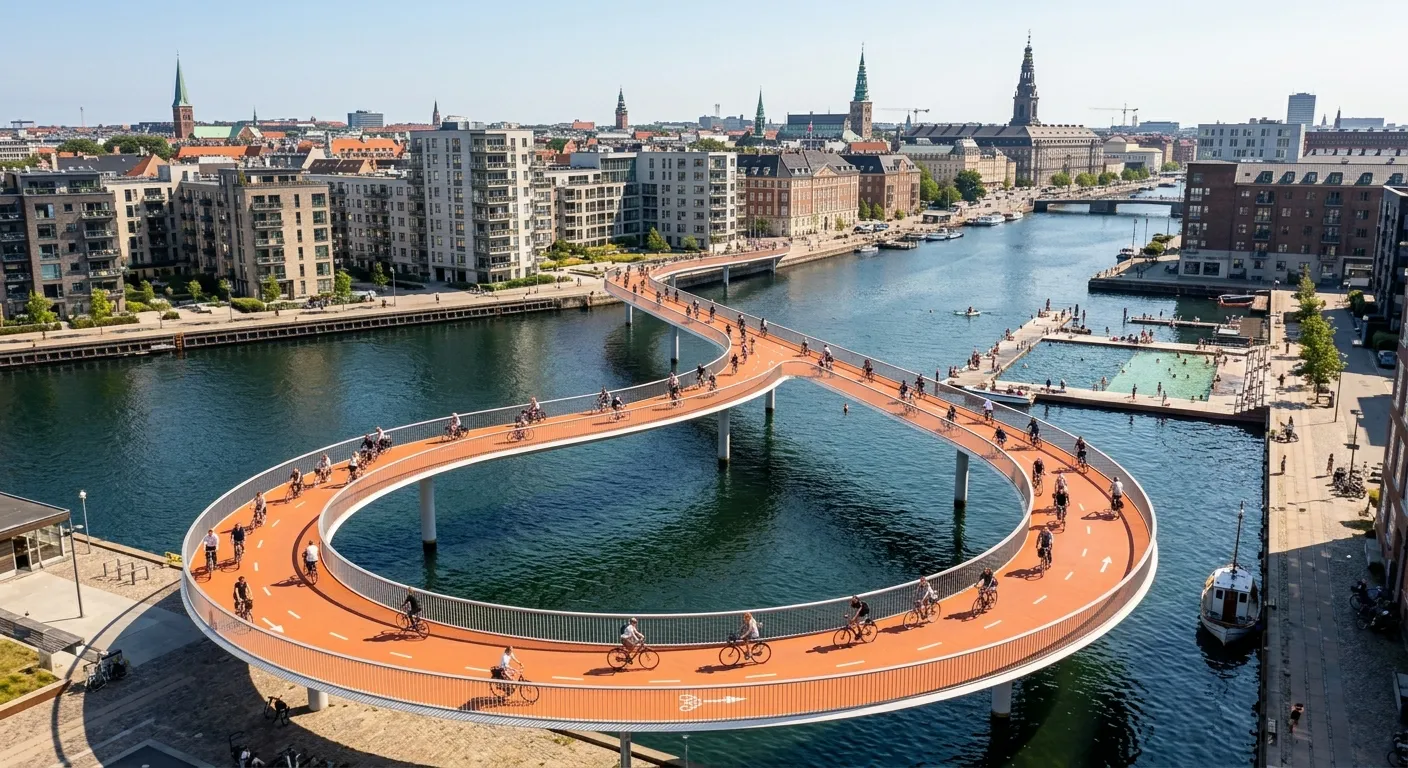 Cykelslangen (The Bicycle Snake), Copenhagen's award-winning elevated orange cycle highway. The S-shaped structure crosses the harbour between Vesterbro and Islands Brygge, with cyclists moving across it against a backdrop of Copenhagen's skyline and waterfront.