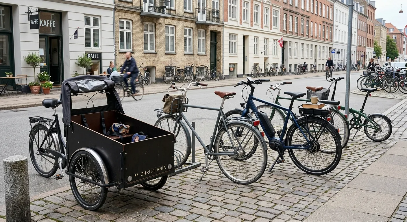Different types of Danish bicycles parked together on a Copenhagen cobblestone street. A Christiania cargo bike, a classic upright city bike, and a modern e-bike represent the everyday variety of Copenhagen cycling culture.