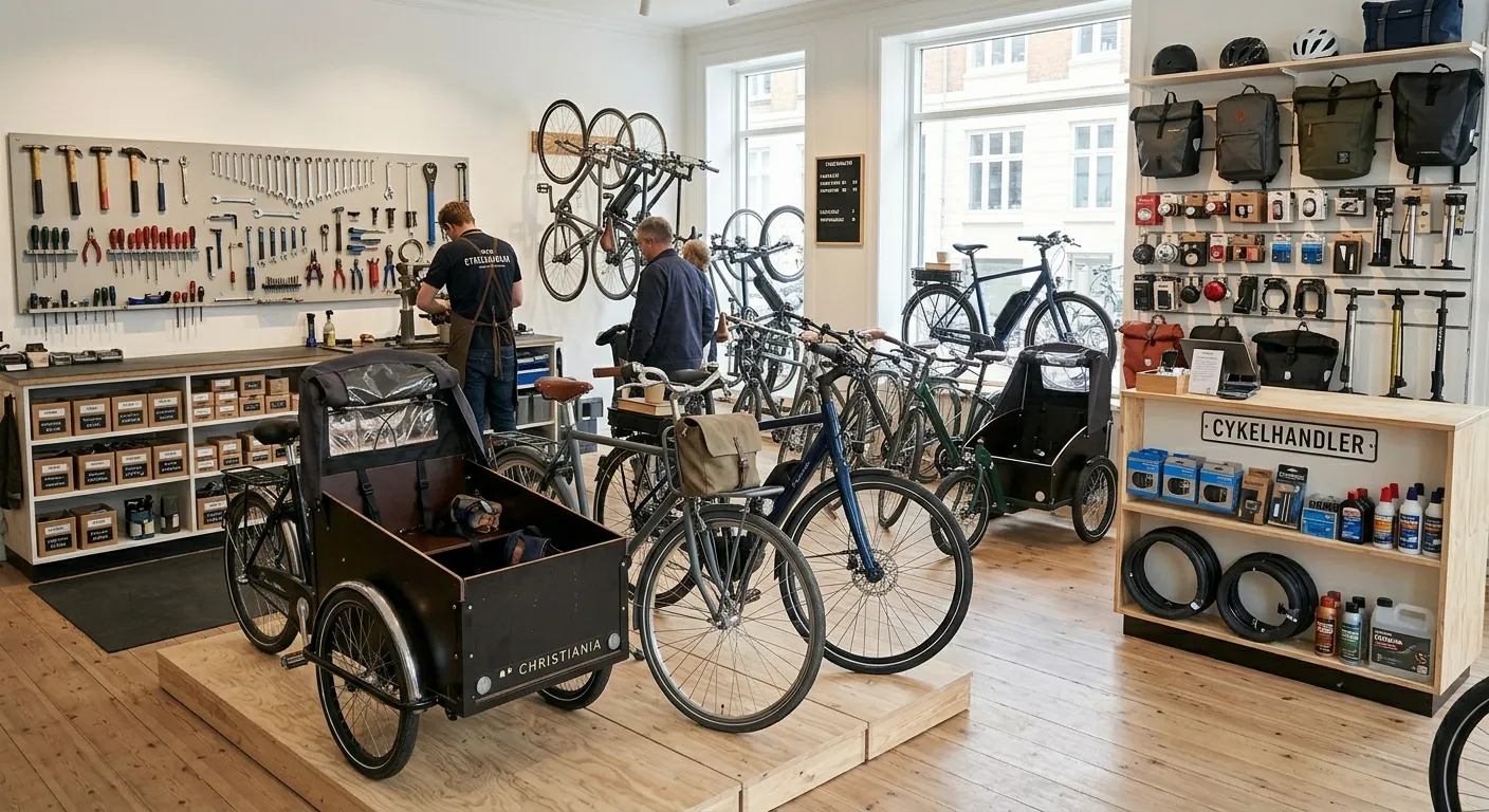 Inside a Copenhagen bicycle shop (Cykelhandler) — rows of city bikes and cargo bikes displayed, walls lined with accessories and parts, staff assisting a customer in a bright, clean Scandinavian retail environment.