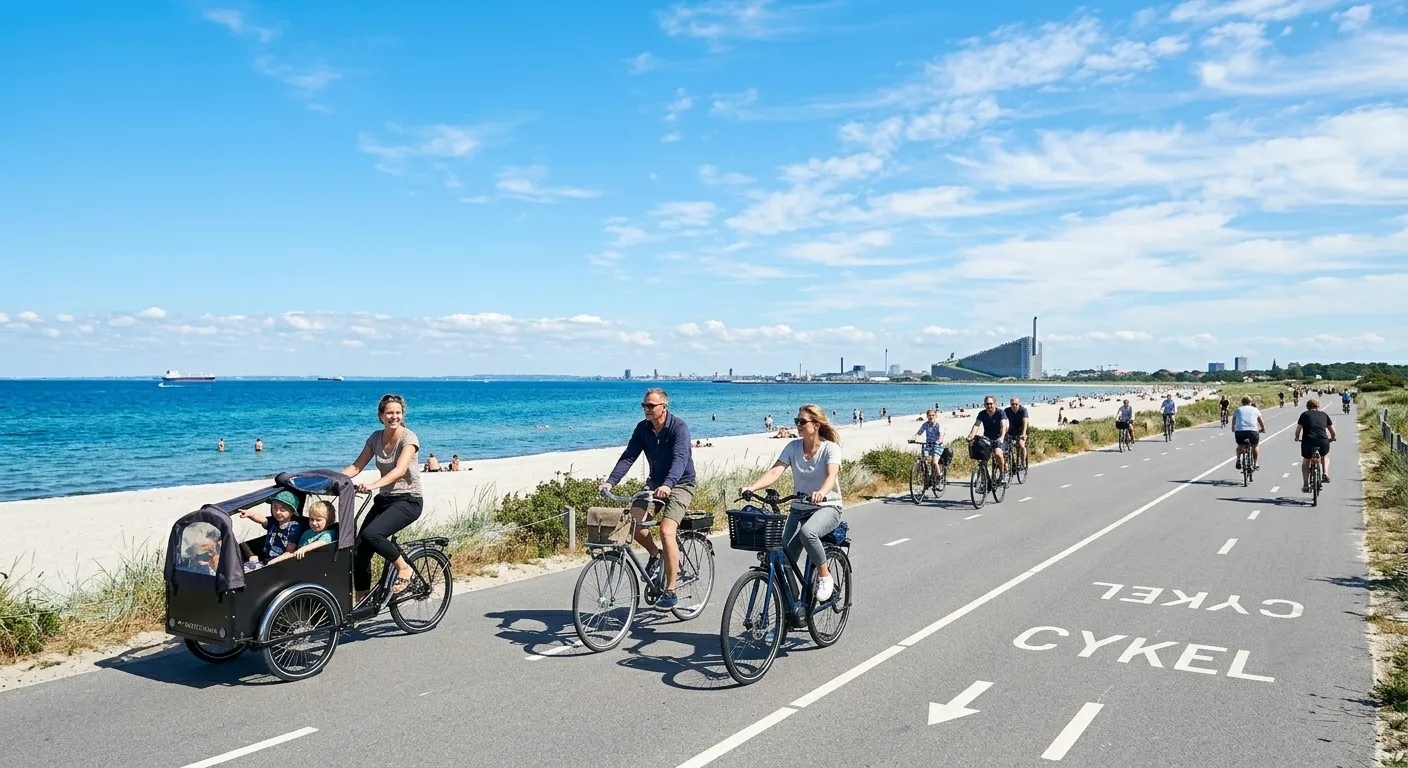Amager Strandpark coastal cycling path in Copenhagen on a bright summer day. Cyclists ride along the dedicated waterfront path with the Baltic sea stretching to one side and the Copenhagen skyline visible in the distance.