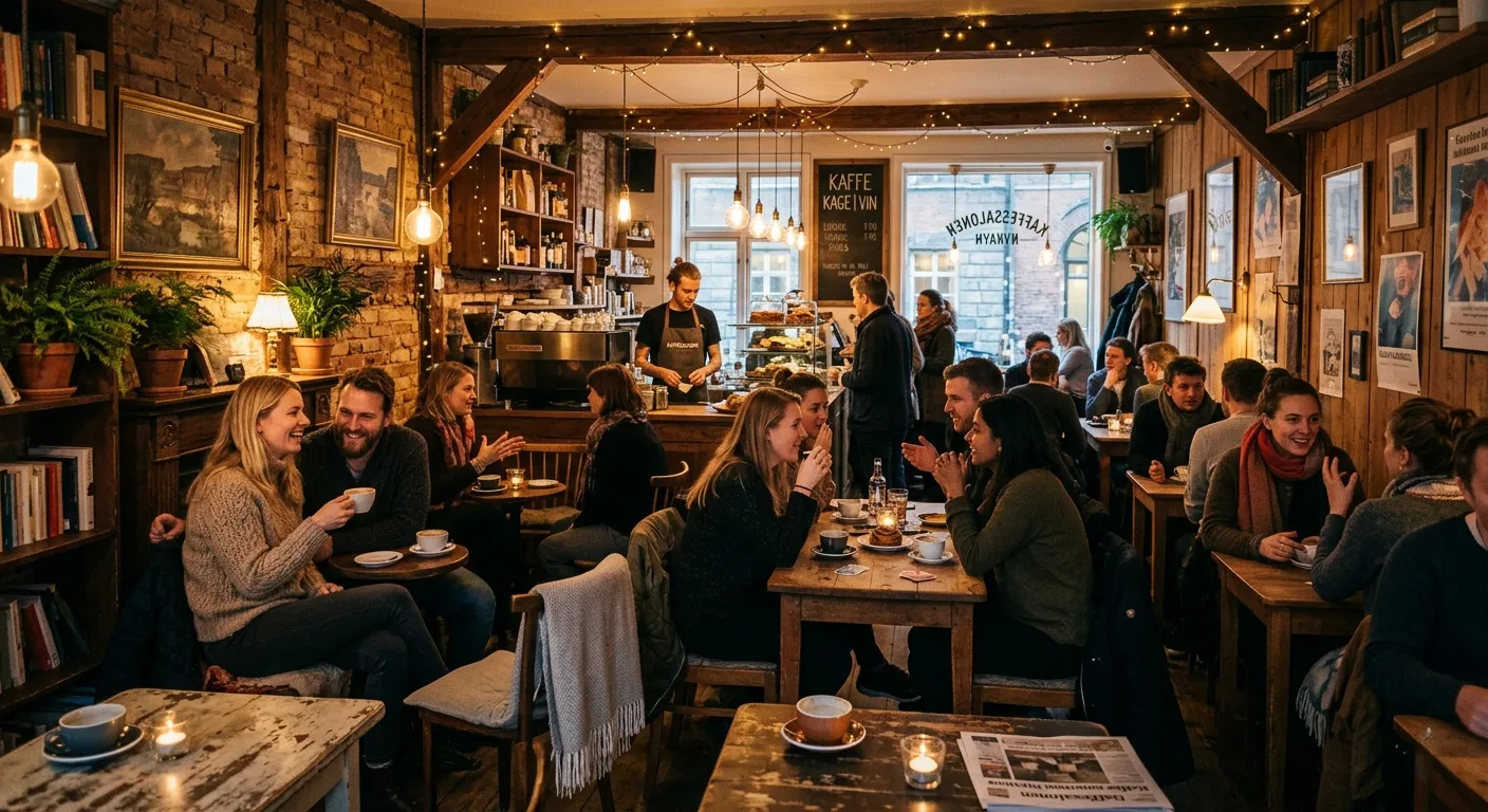 Cozy Danish café interior with warm candlelight, wooden furniture and people enjoying coffee — classic hygge atmosphere that defines Danish leisure culture