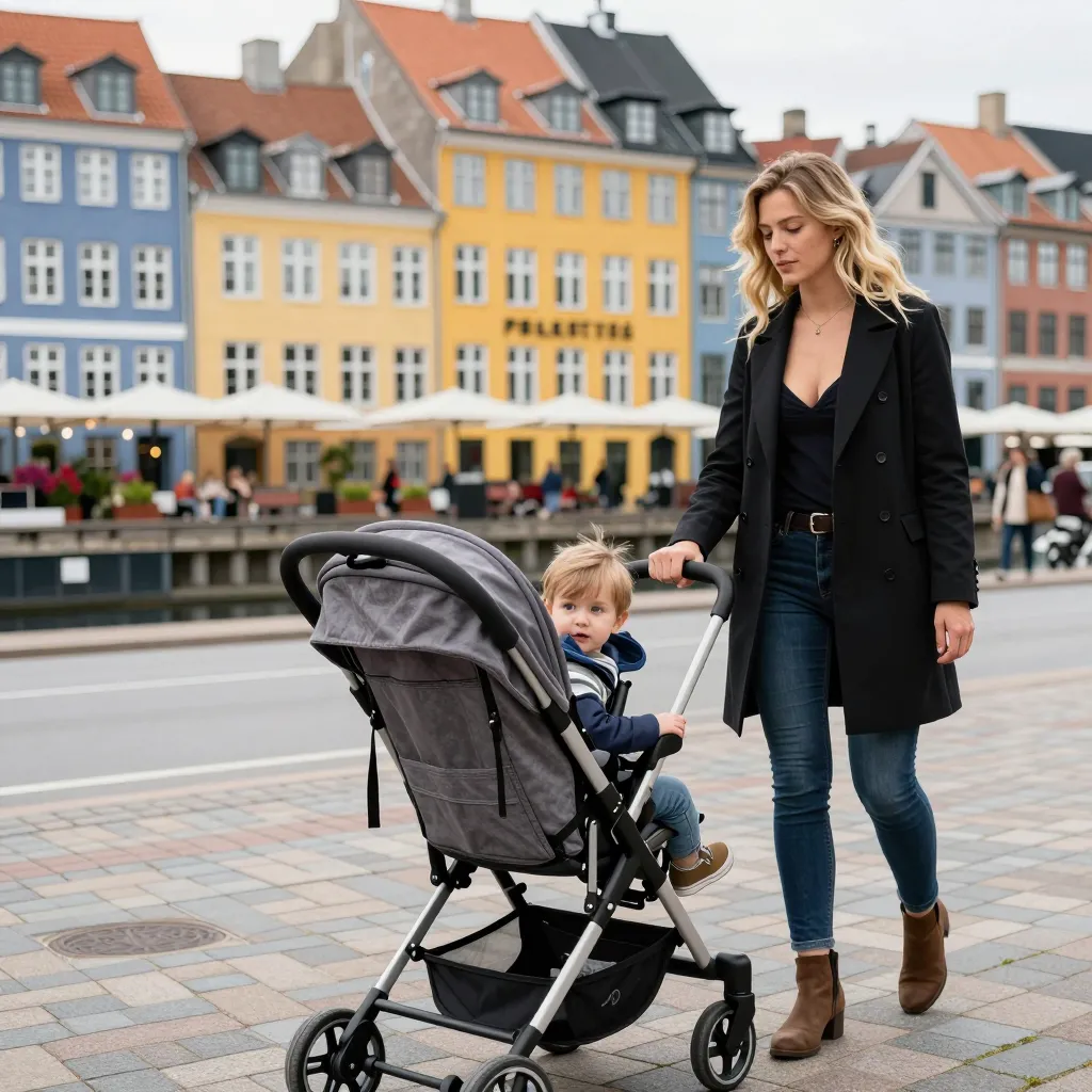 A Danish father carrying a baby on a Copenhagen street, representing Denmark's progressive paternity leave culture and everyday family life.