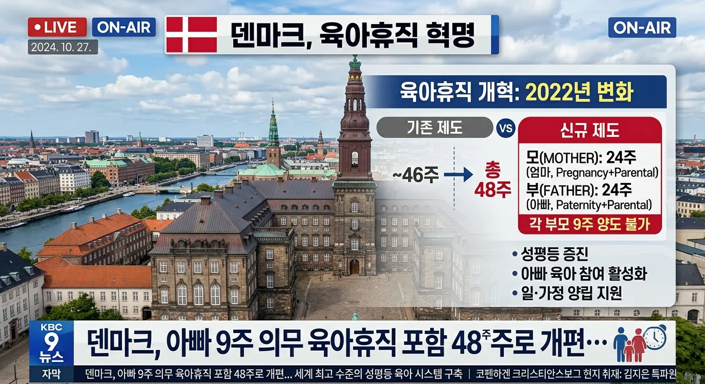 덴마크 국회의사당 크리스티안스보르와 덴마크 국기. 2022년 EU 육아휴직 지침을 의회에서 통과시킨 역사적 장면의 상징.