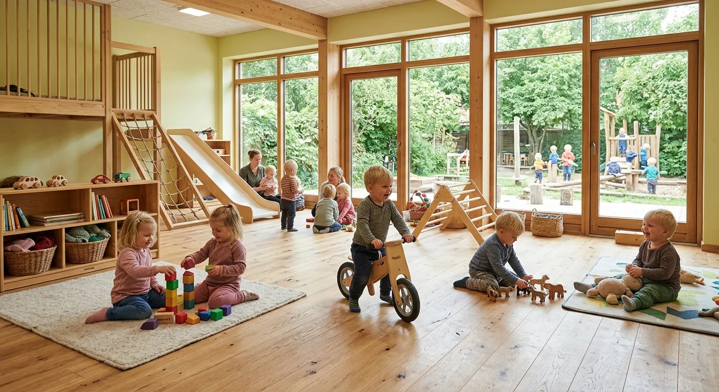 Interior of a Danish vuggestue (nursery) featuring wooden toys, natural light, and open play areas emphasizing the Nordic play-based childcare philosophy.