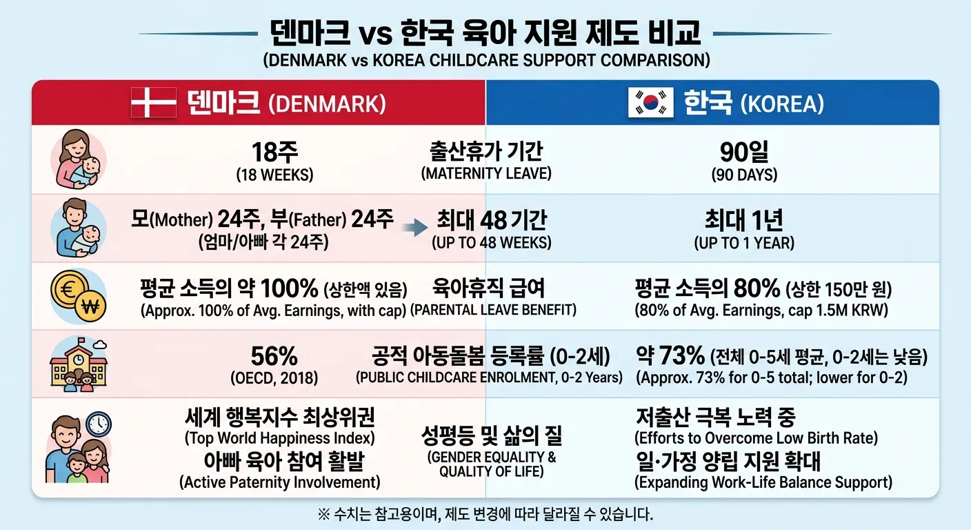 Infographic comparing Denmark and South Korea parental leave and childcare support systems, showing stark differences in policy approach.