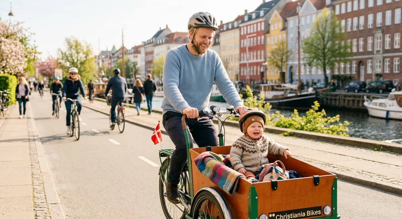 A Danish family riding a cargo bike through a sunny Copenhagen neighborhood, symbolizing the country's family-friendly culture and normalized paternal caregiving.