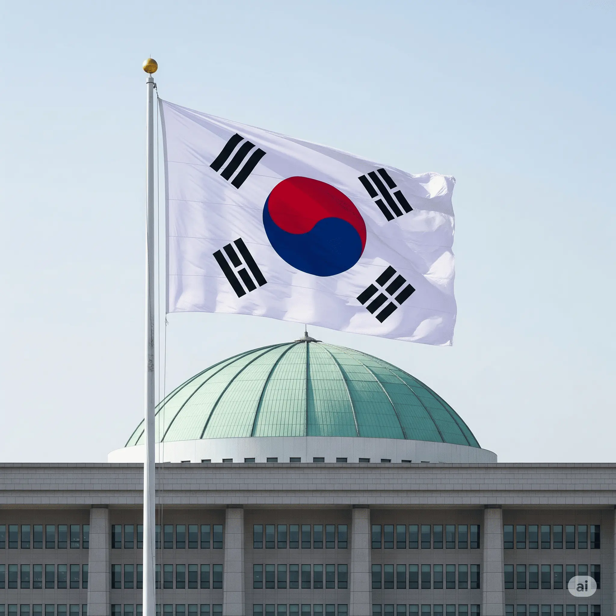 대한민국 국회의사당과 그 위로 펄럭이는 태극기의 모습