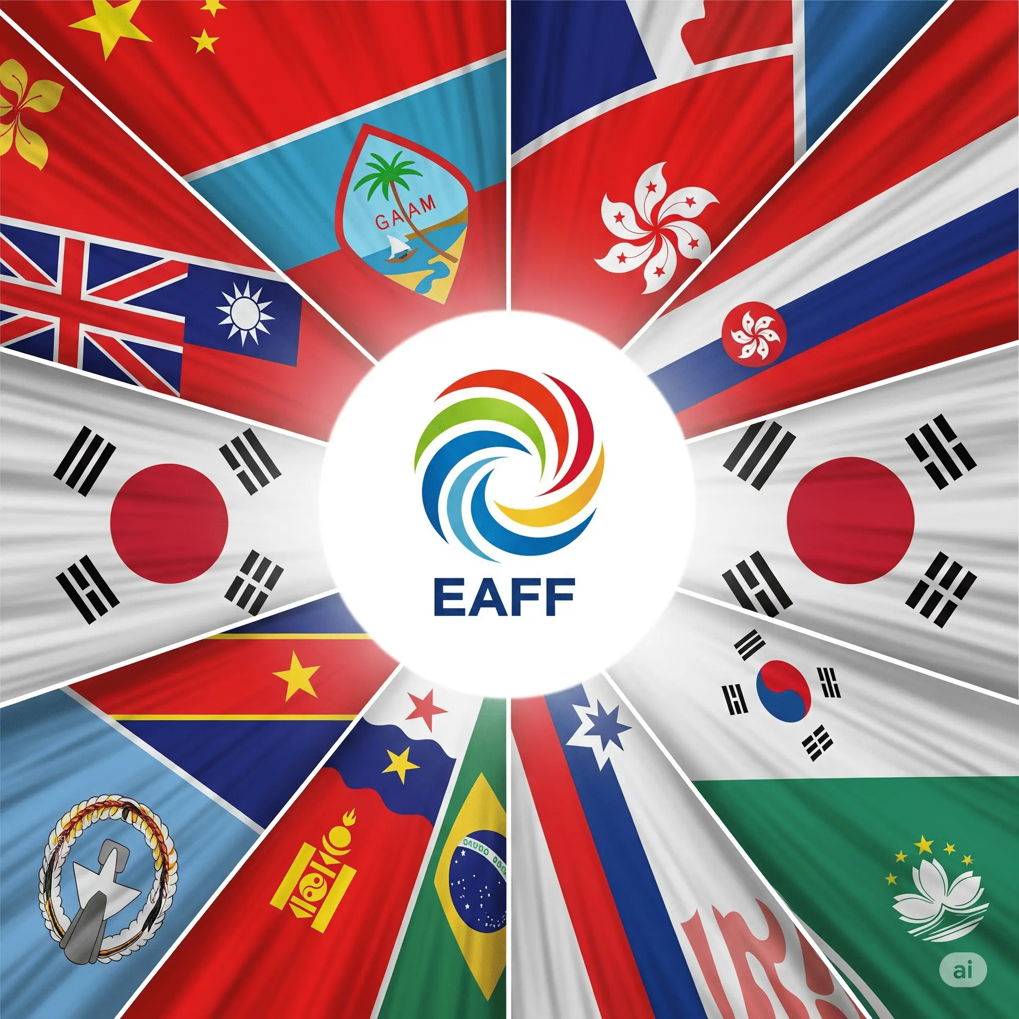 The EAFF logo surrounded by the flags of its member nations