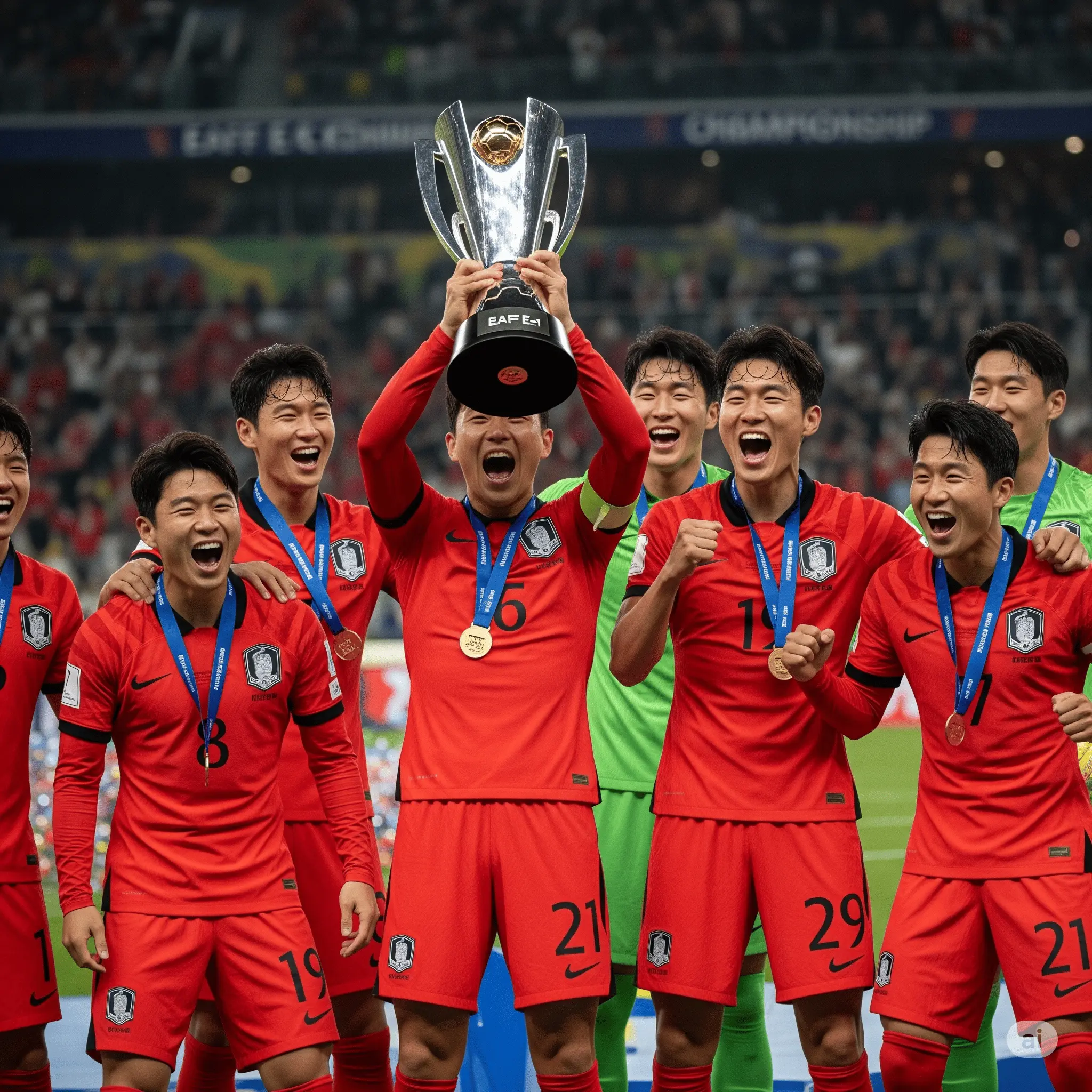 Players celebrating with the EAFF E-1 Championship trophy