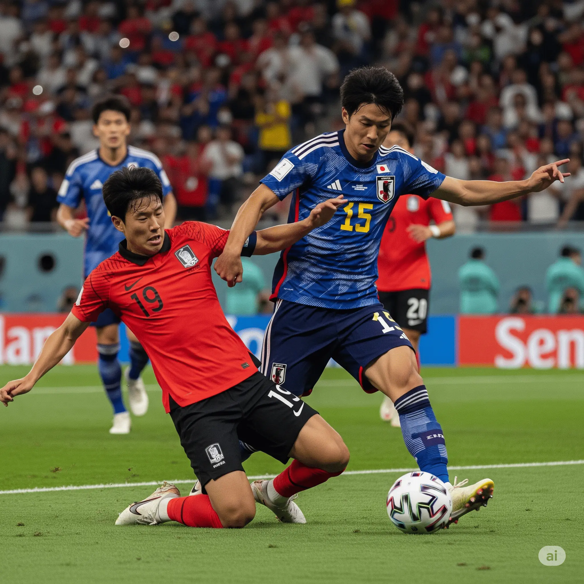 South Korean and Japanese players in a heated battle for the ball