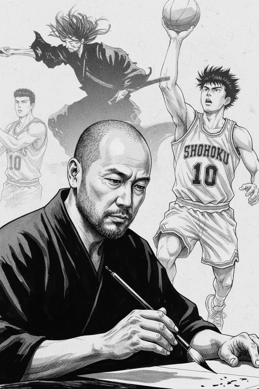 A black and white image of Takehiko Inoue holding a brush, deep in thought. Behind him are faint sketches of Musashi from Vagabond and Hanamichi Sakuragi from Slam Dunk.