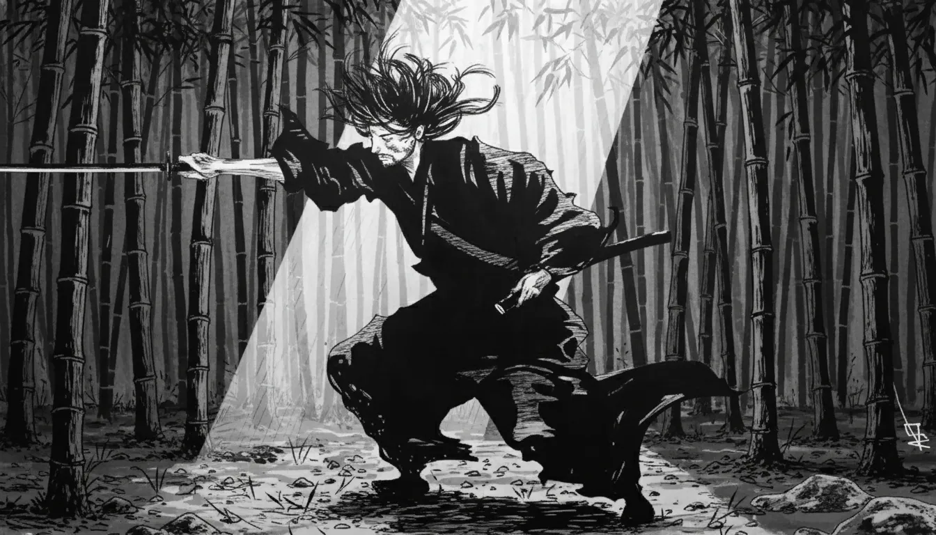 A single ray of light shines down in a serene bamboo forest, symbolizing the philosophical mood of Vagabond.