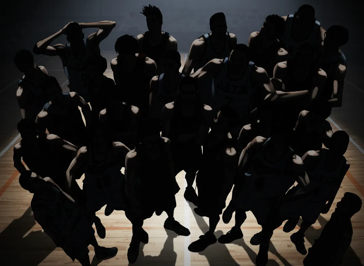 Silhouettes of players moving dynamically, as if in a scene from The First Slam Dunk, against a basketball court background.