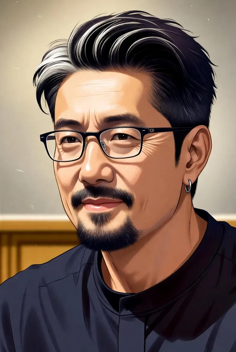 이노우에 다케히코 작가의 최근 초상화. 책상 앞에서 펜을 쥔 채 미소 짓는 모습으로, 배경에 배가본드와 REAL의 커버 아트워크가 희미하게 보임. 그의 창작 열정을 상징하는 따뜻한 조명 아래.