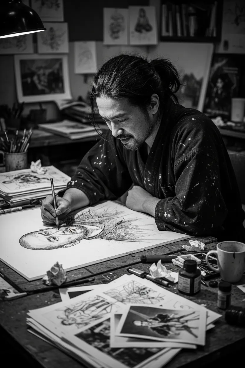 이노우에 다케히코의 초기 스케치 작업 모습. 종이와 펜으로 가득한 작업실에서 미야모토 무사시의 초안을 그리는 장면. 그의 열정적인 표정이 돋보이는 흑백 사진 스타일.