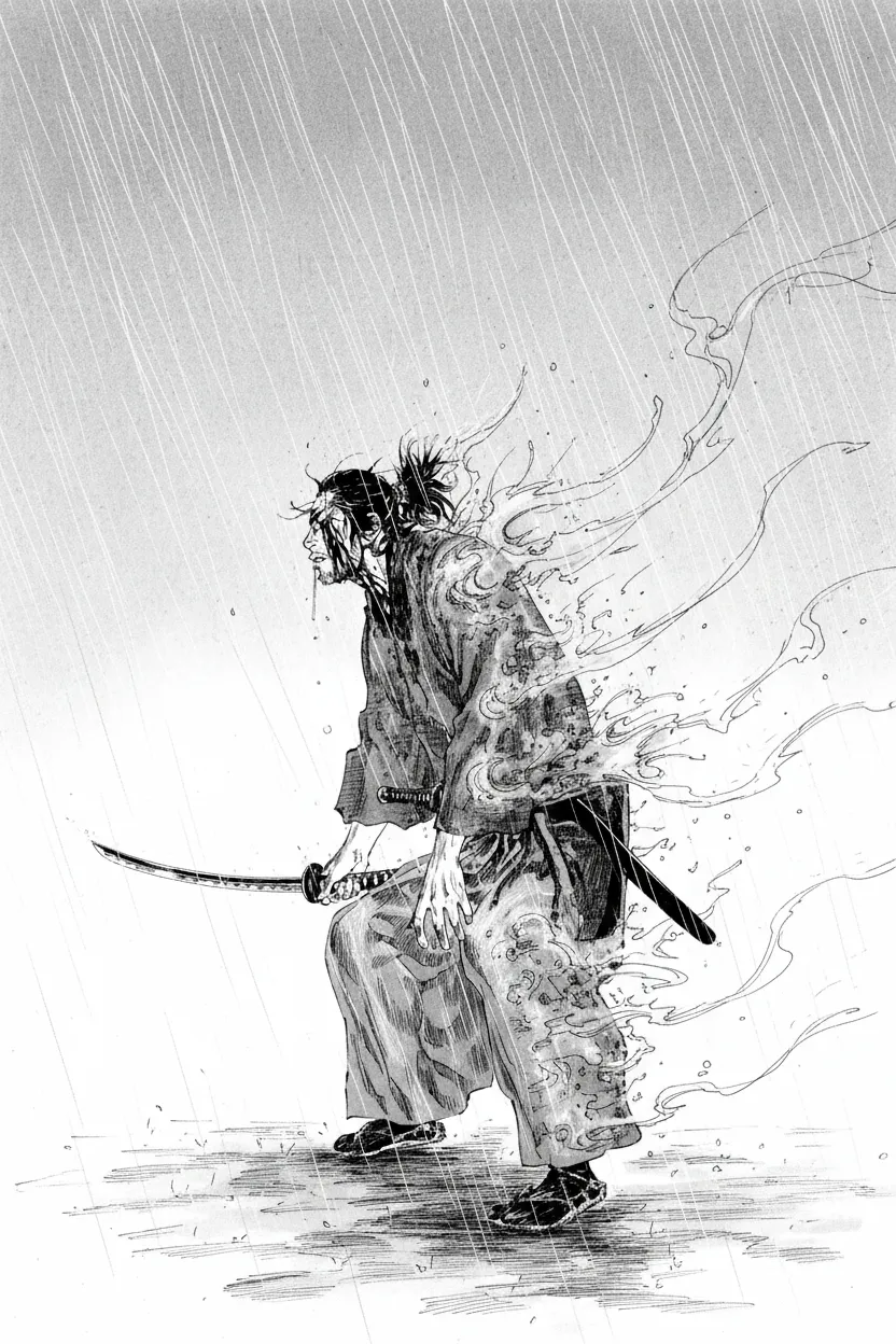 배가본드 327화의 마지막 페이지. 미야모토 무사시가 비 속에서 홀로 서 있는 장면, 주변에 희미한 잉크 스케치처럼 퍼지는 검은 먹물이 상징적으로 표현됨.