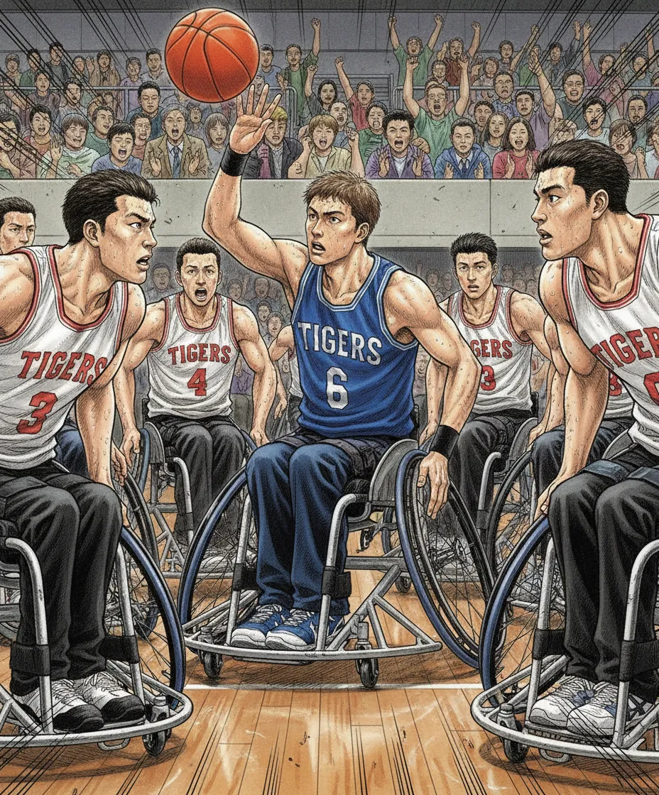 REAL 만화의 휠체어 농구 장면. 선수들이 땀 흘리며 공을 향해 달려가는 모습, 배경에 관중들의 응원이 블러 처리된 감동적인 스포츠 일러스트.