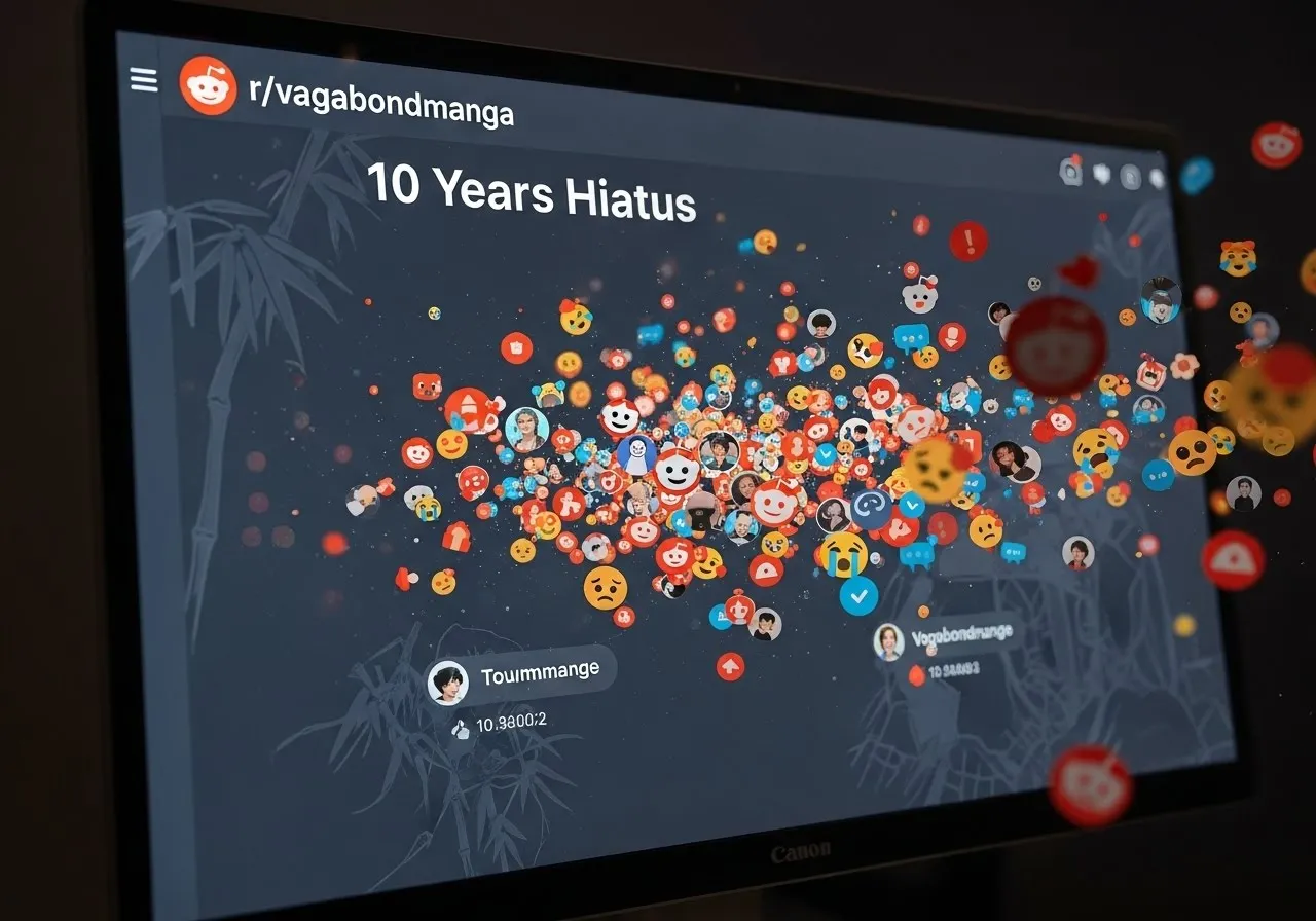 Reddit r/vagabondmanga 서브레딧의 팬 포스트 스크린샷. '10 Years Hiatus' 제목 아래 다양한 댓글 아이콘과 이모지가 떠 있는 활기찬 커뮤니티 장면.