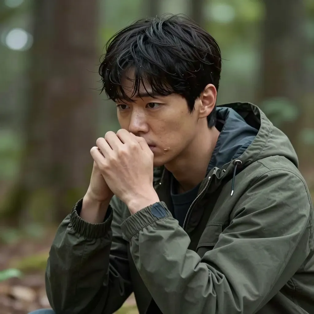 Protagonist Daigo Agawa staring intensely into the forest in the drama Gannibal