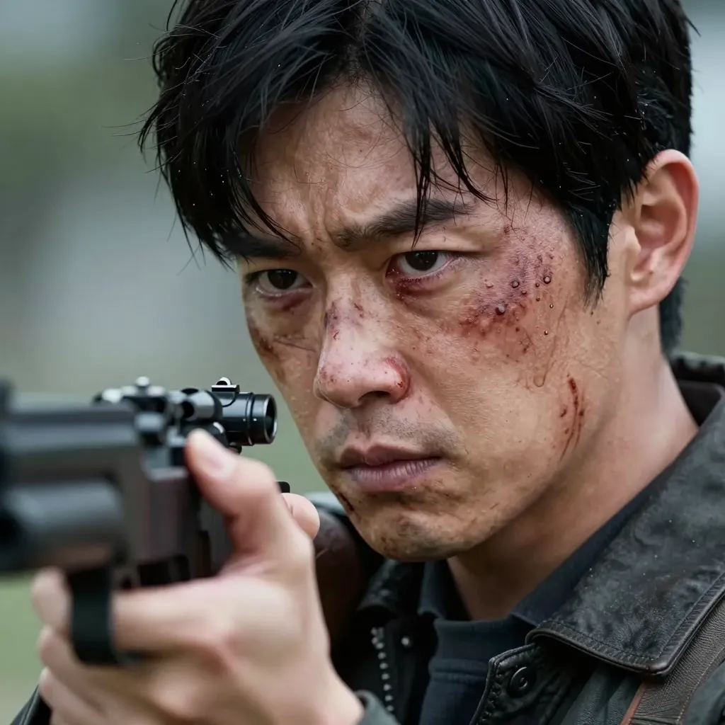 Daigo Agawa with a bloodied face pointing a gun
