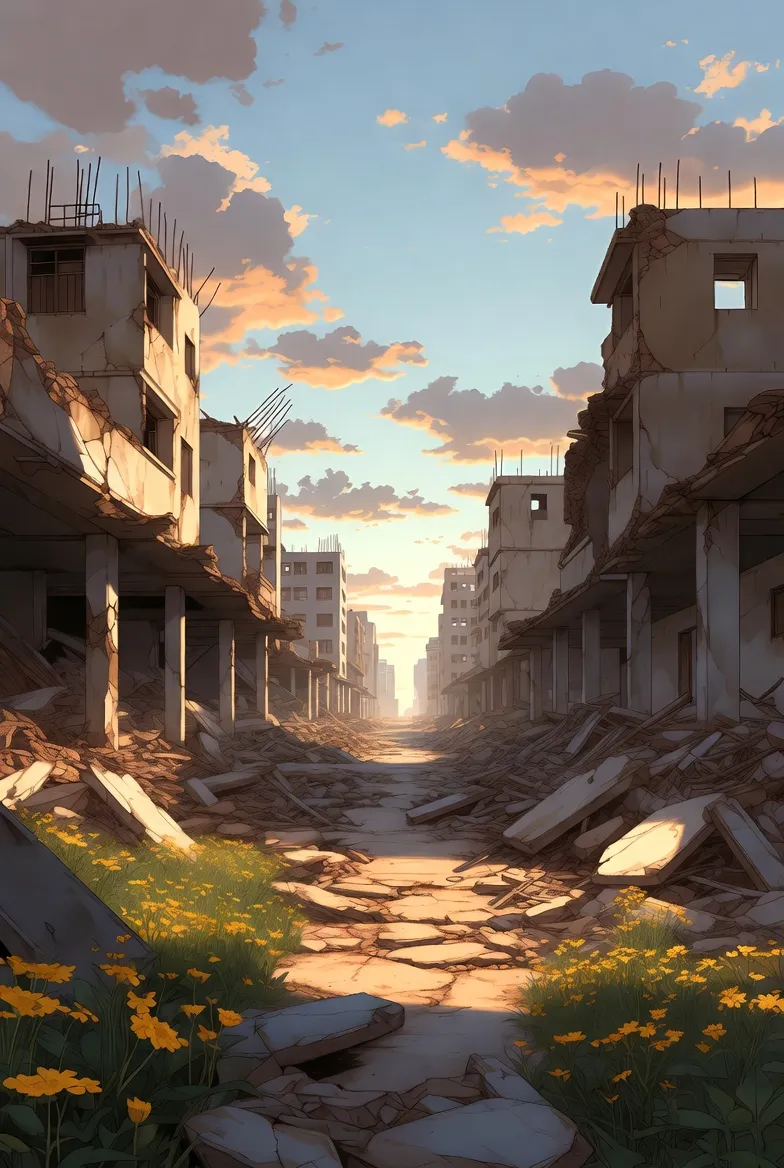 Illustration symbolizing the current state of Myanmar with ruined streets and blooming flowers