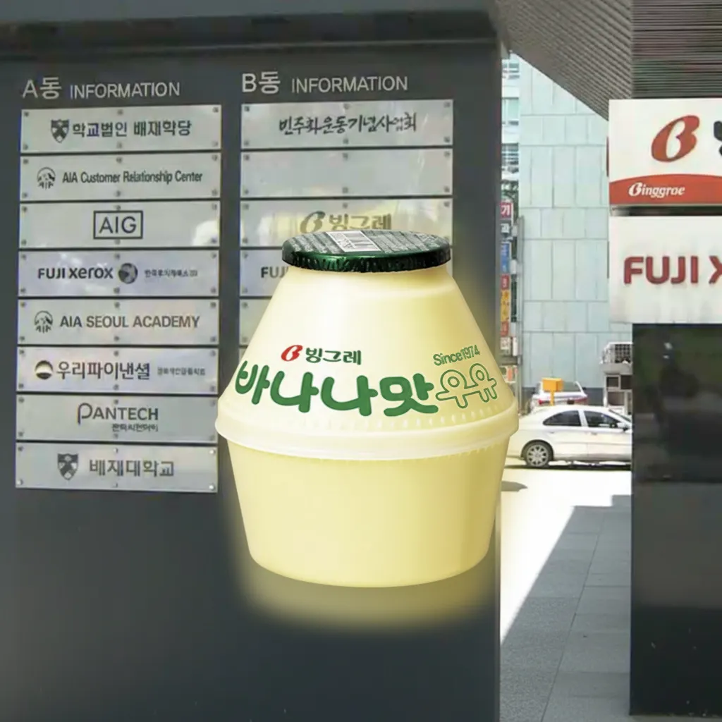 Image of Binggrae headquarters overlaid with Banana Milk graphics