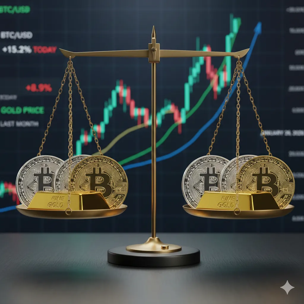 Gold bars and a physical Bitcoin coin on a balance scale, with a rising stock chart in the background