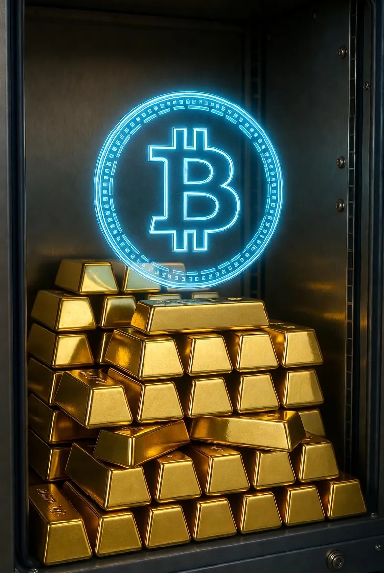 Visual contrast between stacks of gold bars in a vault and a glowing digital Bitcoin hologram
