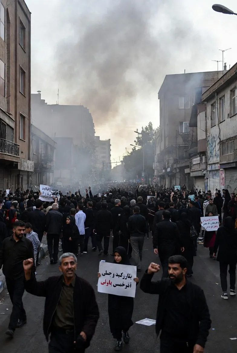 Crowds protesting on the streets of Tehran with smoke filling the air