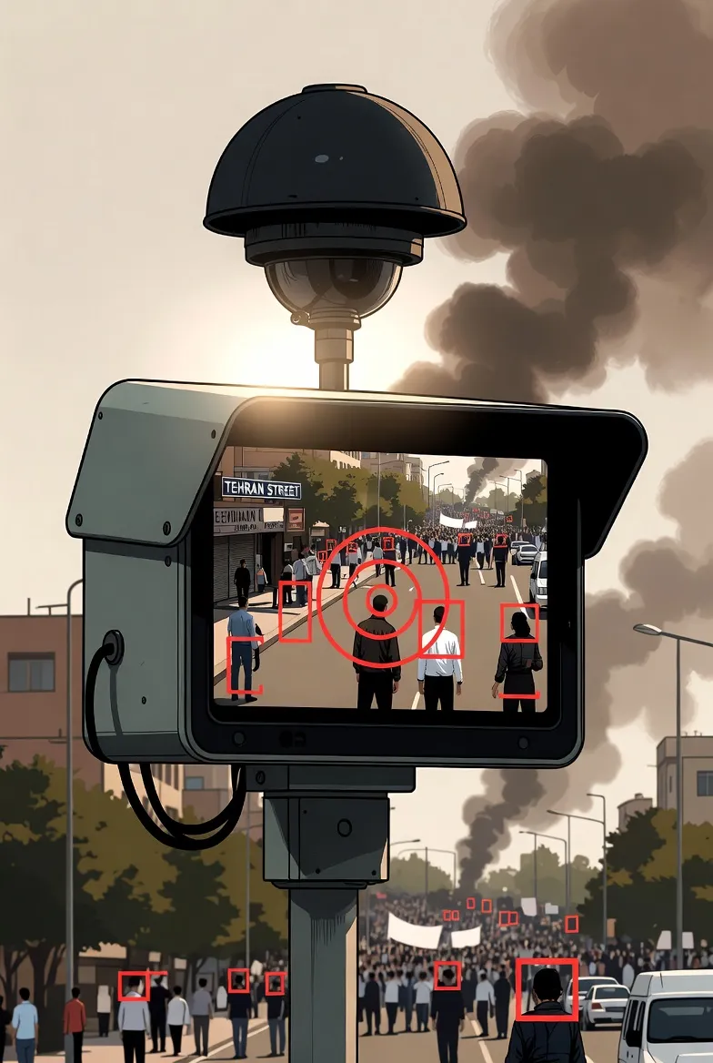 Concept art of AI surveillance system tracking citizens
