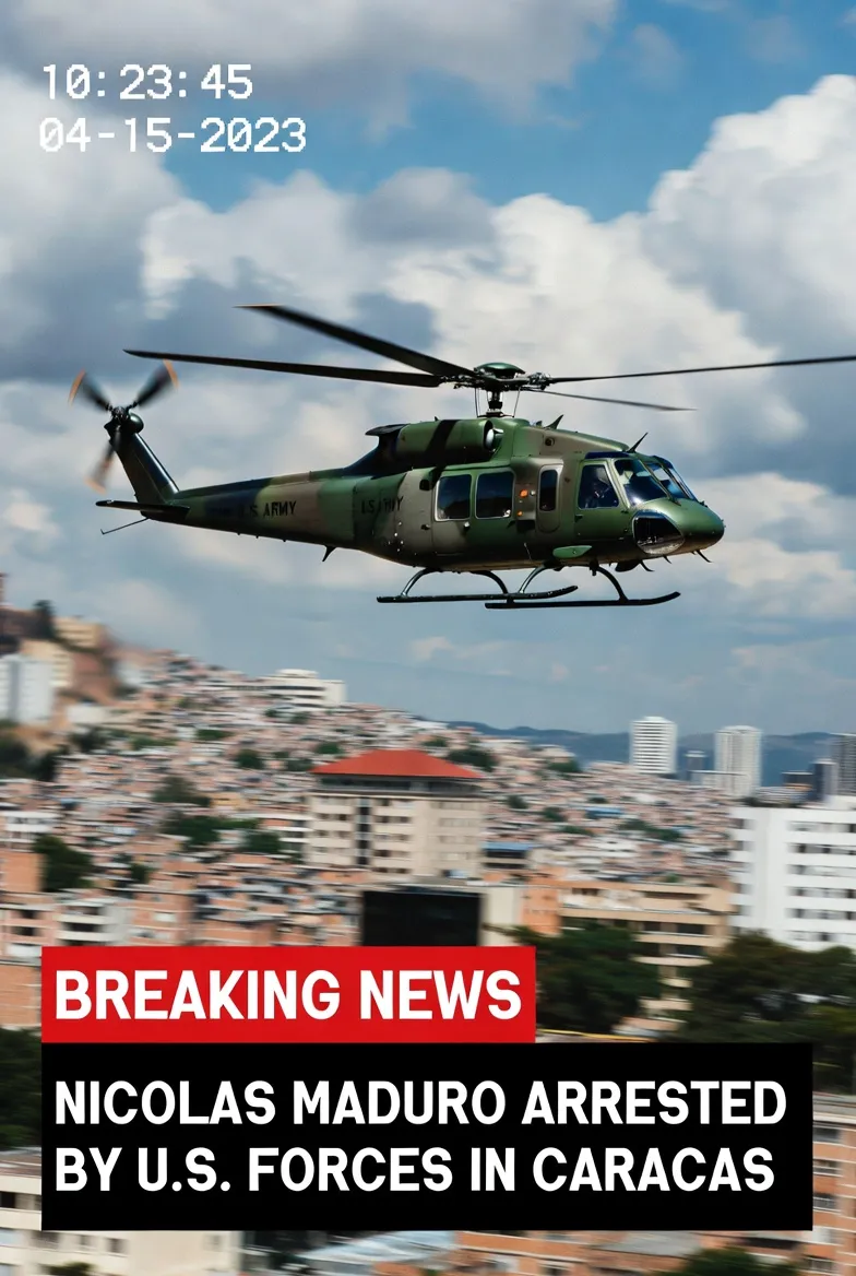 미군 헬기가 카라카스 상공을 비행하고 마두로가 체포되는 가상의 뉴스 보도 장면