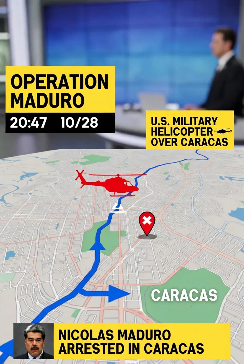 작전명 Absolute Resolve의 카라카스 침투 및 마두로 이송 경로를 보여주는 지도