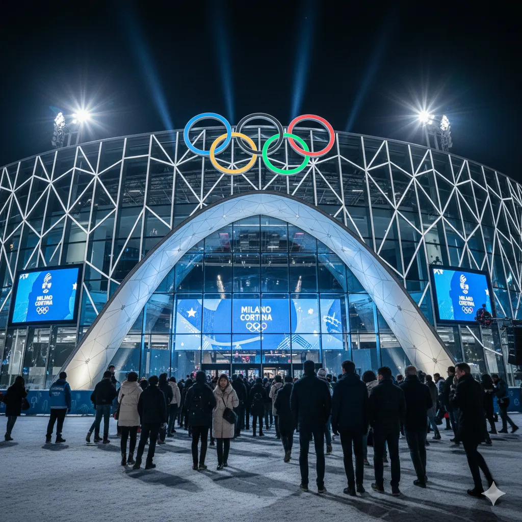 Exterior view of Milano Ice Skating Arena - Olympic ring decorations and entering spectators